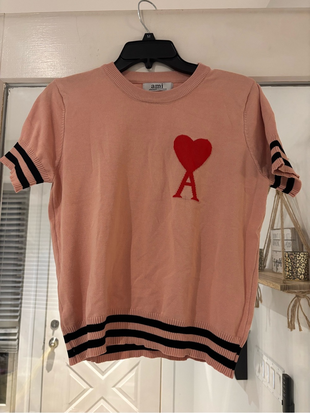 AMI Paris Pink & Black Ami de Cœur Short Sleeve Knit Sweater – Women’s M